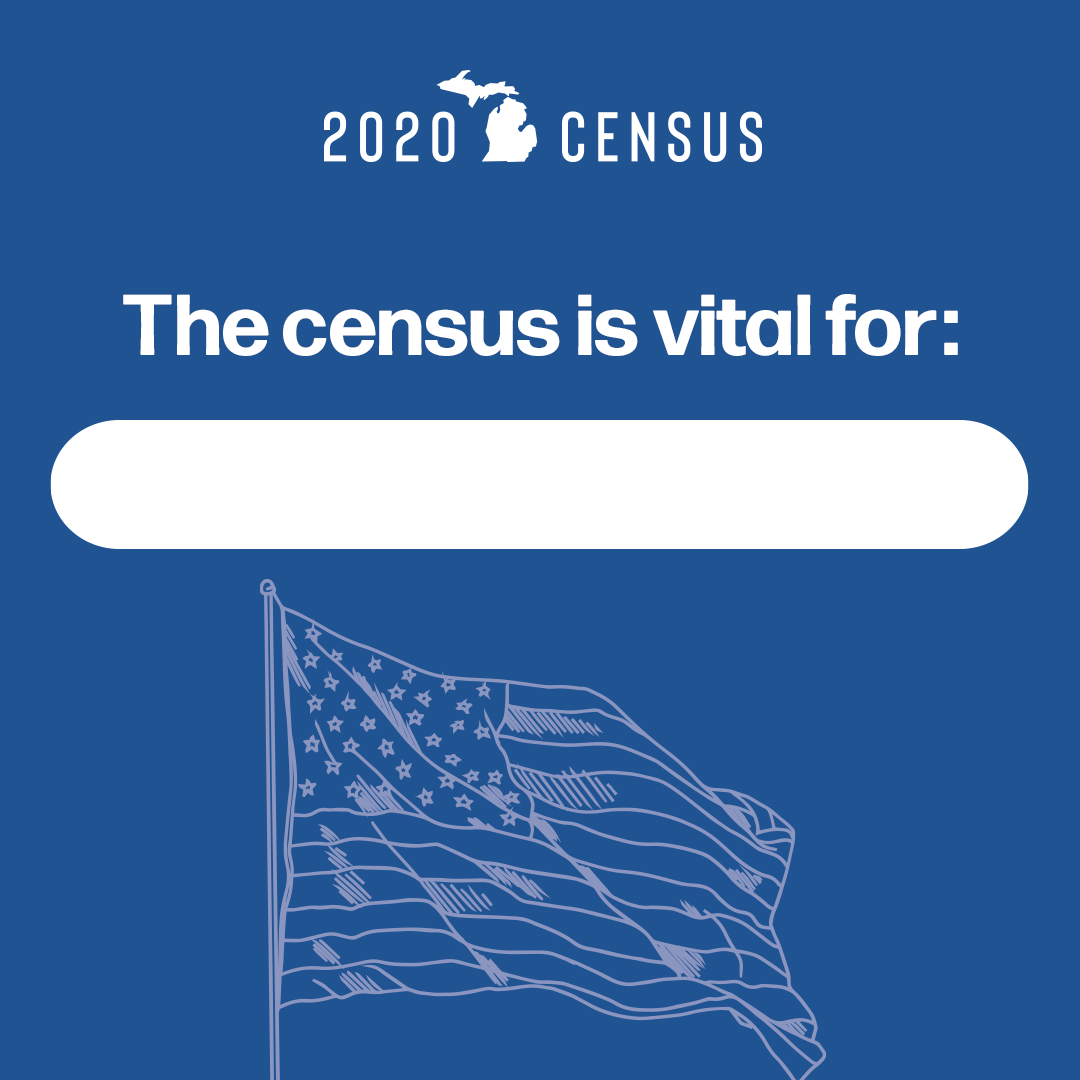 Michigan Census web ad with an illustrated American flag. The text reads, "The census is vital for: our fair share of federal funding."