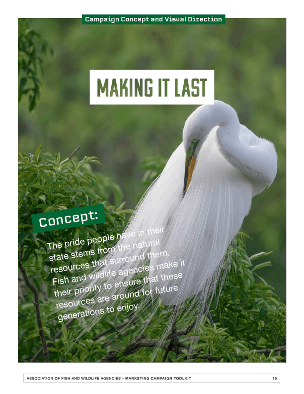 AFWA campaign tool kit sample page with the campaign tagline, "Making it last." and an image of a white bird.