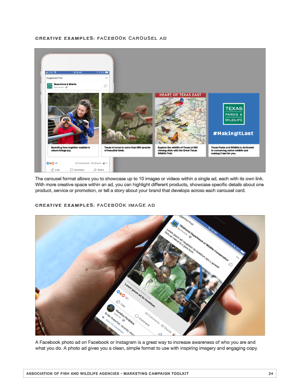 AFWA campaign tool kit sample page with example Facebook ads.