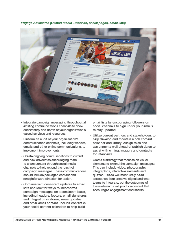 AFWA campaign tool kit sample page with tips for owned media.