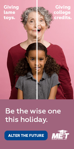 Web ad for MET; two photos of a grandmother and grand daughter side-by-side with a line down the center. On the left, they look disappointed and the text reads, "Giving lame toys." On the right, they look happy and the text reads, "Giving college credits."