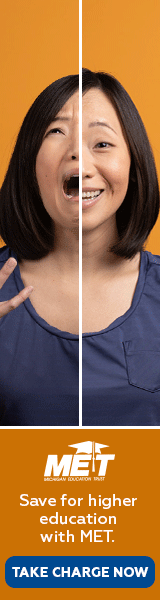 Web ad for MET; two photos of a woman side-by-side with a line down the center. On the left, she looks upset and the text reads, "A child with debt." On the right, she looks happy and the text reads, "A child without."