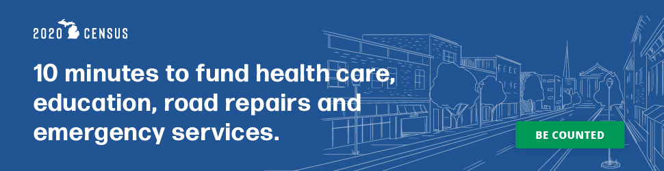 Web banner ad for Michigan Census, the headline reads "10 minutes to fund health care, education, road repairs, and emergency services."