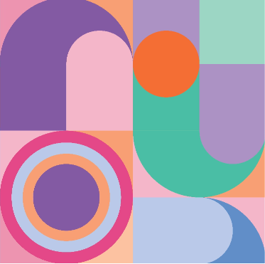 A square graphic with multiple shapes suck as circle, squares, and arcs with different colors